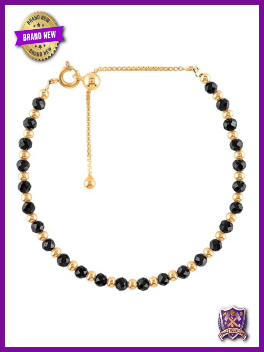 14K Gold Plated Black Tourmaline Faceted Bead Single Slider Bracelet Adjustable